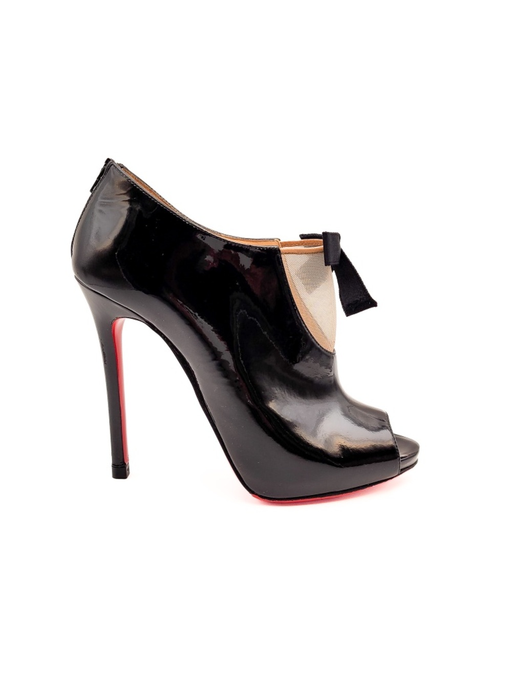 Christian Louboutin Black Patent Leather Bow Open Toe Booties Heels EU 37.5
